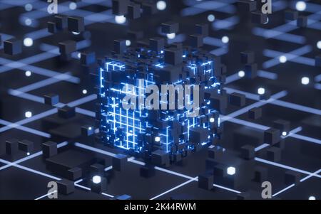 Abstrakte leuchtende Würfel und Linien, Schaltungen und Materialien, 3D Rendering. Digitale Zeichnung des Computers. Stockfoto