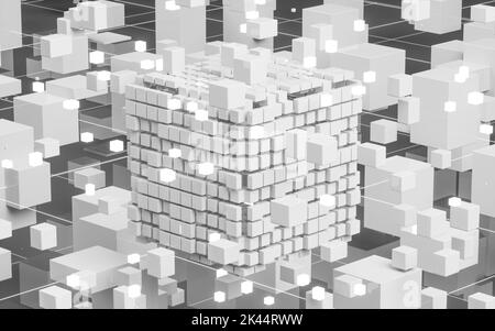 Abstrakte leuchtende Würfel und Linien, Schaltungen und Materialien, 3D Rendering. Digitale Zeichnung des Computers. Stockfoto