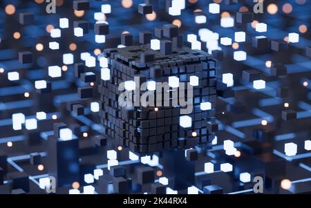 Abstrakte leuchtende Würfel und Linien, Schaltungen und Materialien, 3D Rendering. Digitale Zeichnung des Computers. Stockfoto