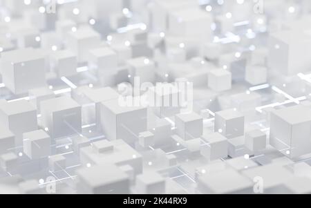 Abstrakte leuchtende Würfel und Linien, Schaltungen und Materialien, 3D Rendering. Digitale Zeichnung des Computers. Stockfoto
