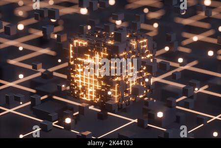 Abstrakte leuchtende Würfel und Linien, Schaltungen und Materialien, 3D Rendering. Digitale Zeichnung des Computers. Stockfoto