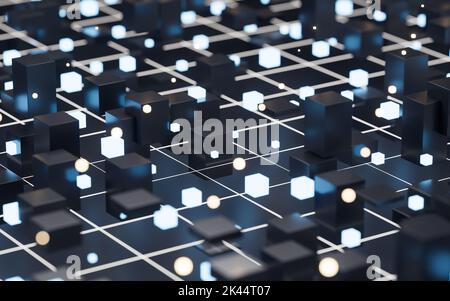 Abstrakte leuchtende Würfel und Linien, Schaltungen und Materialien, 3D Rendering. Digitale Zeichnung des Computers. Stockfoto