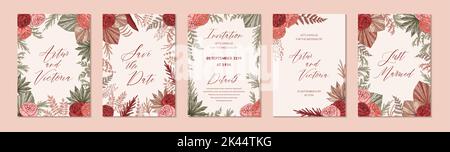 Set von modernen vertikalen Boho Hochzeit Designs für Einladung, Grußkarten, Plakate. Speichern Sie das Datum. Handgezeichnete Vektorgrafik Stock Vektor