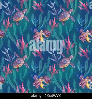 Unterwasser nautischen Aquarell-Druck dekorative Sea Life Vintage-Stil nahtlose Muster. Stockfoto