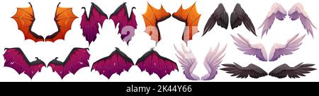 Flügel des Dämons und Engel Halloween-Kollektion. Drachen-, Fledermaus-, Taube- oder Vampirflügelpaare. Weiß und schwarz zerlumpte Magie Set für Fantasy-Charaktere, isola Stock Vektor