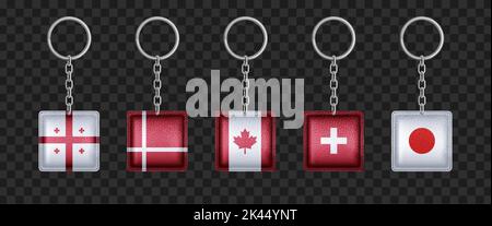 Schlüsselanhänger mit Georgien, Dänemark, Kanada, der Schweiz und Japan Flaggen. Quadratische Schlüsselanhänger aus Metall mit symbolischen länderspezifischen, isolierten Zubehörteilen oder Souv Stock Vektor