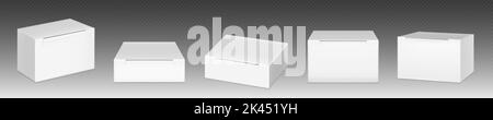 Realistischer Satz von Box-Mockups png isoliert auf transparentem Hintergrund. Vektor-Illustration von weißem Karton-Verpackungsmaterial für Geschenke, Waren, Post sh Stock Vektor