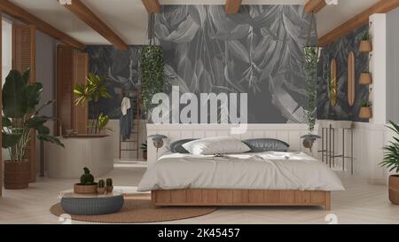 Schlafzimmer und Badezimmer aus böhmischem Holz im Boho-Stil in Weiß- und Grautönen. Bett, Badewanne und Waschbecken, Topfpflanzen. Fenster mit Fensterläden. Farmhous Stockfoto