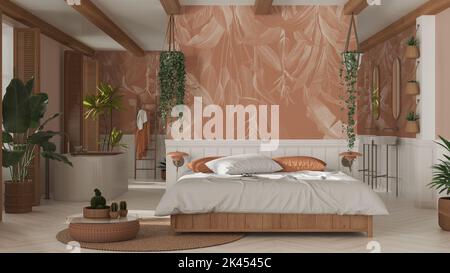 Schlafzimmer und Badezimmer aus böhmischem Holz im Boho-Stil in Weiß- und Orange-Tönen. Bett, Badewanne und Waschbecken, Topfpflanzen. Fenster mit Fensterläden. Farmho Stockfoto