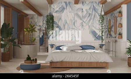 Schlafzimmer und Badezimmer aus böhmischem Holz im Boho-Stil in Weiß- und Blautönen. Bett, Badewanne und Waschbecken, Topfpflanzen. Fenster mit Fensterläden. Farmhous Stockfoto