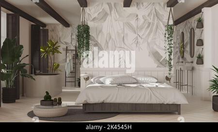 Schlafzimmer und Badezimmer aus böhmischem Holz im Boho-Stil in Weiß- und Dunkeltönen. Bett, Badewanne und Waschbecken, Topfpflanzen. Fenster mit Fensterläden. Farmhous Stockfoto