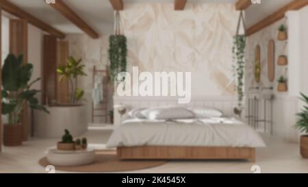 Verschwommener Hintergrund, Schlafzimmer und Badezimmer aus böhmianischem Holz im Boho-Stil. Bett, Badewanne und Waschbecken, Topfpflanzen. Fenster mit Fensterläden. Bauernhaus vi Stockfoto