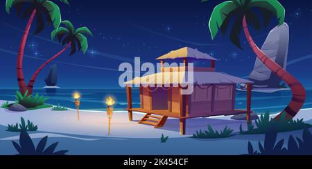 Strandhütte oder Bungalow in der Nacht auf einer tropischen Insel, Sommerhütte mit Glühfenster unter Vollmond-Sternenhimmel an der Meeresküste, Holzhaus auf Pfählen Stock Vektor