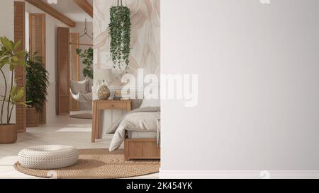 Böhmisches Holzschlafzimmer im Boho-Stil mit Doppelbett an der Vorderwand, Innenarchitektur-Idee, Konzept mit Kopierraum, leerer Rückenbereich Stockfoto