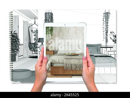 Hände halten Tablet zeigt Schlafzimmer im Boho-Stil, total leeren Projekthintergrund, Augmented Reality-Konzept, Anwendung, um Möbel und ich zu simulieren Stockfoto