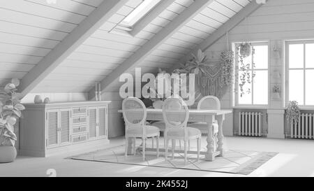 Total White Projekt Entwurf, Bauernhaus Mezzanine Wohnzimmer in Boho-Stil. Esstisch mit Chiars und Anrichte aus Holz. Topfpflanzen und Dekore. Boh Stockfoto