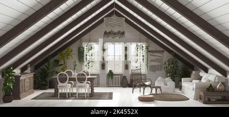 Mezzanine Wohn- und Esszimmer im Boho-Stil mit dunkler Giebeldecke aus Holz. Esstisch mit Chiars und Sofa. Topfpflanzen und Dekore. Böhmisch Stockfoto