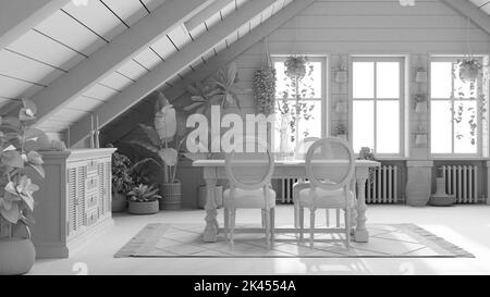 Total White Projekt Entwurf, unkonventionelle Mezzanine Wohnzimmer in Boho-Stil. Esstisch und Sideboard mit Giebeldecke. Topfpflanzen und Dekore. Mittel Stockfoto