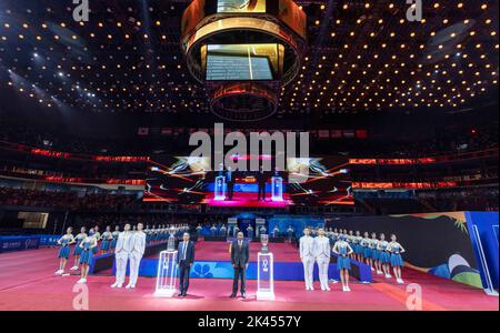 CHENGDU, CHINA - 29. SEPTEMBER 2022 - Präsident der Chinesischen Tischtennisvereinigung Liu Guoliang (L) und Stellvertreter des Internationalen Tischtennisverbands Stockfoto