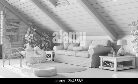 Total White Projekt Entwurf, Land Mezzanin Wohnzimmer in Boho-Stil. Sofa und Rattansessel, Beistelltisch aus Holz. Topfpflanzen und Juteppich. Bo Stockfoto