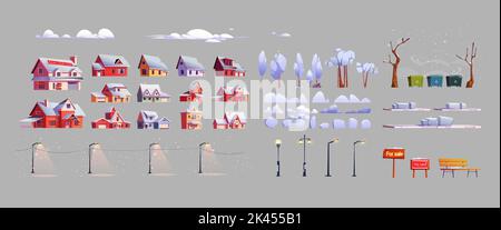 Winter Stadtbauer Set von Häusern, Straßenbeleuchtung Laternen, Bäume und Sträucher, Abfallbehälter, Bank, Zum Verkauf Schilder mit Schnee bedeckt, Wolken. Stock Vektor