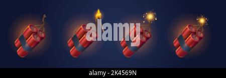 Dynamit-Sticks mit brennender Sicherung und Streichholz. Explosive tnt-Waffen oder Feuerwerkskörper mit funkelndem Docht. Gefährliche Ausrüstung mit det Stock Vektor