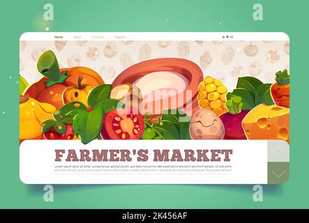 Farmer Market Cartoon Landing Page mit frischen natürlichen Lebensmitteln, Milchprodukten, Gemüse, Beeren und Eiern. Ökologische Landwirtschaft Produktion fair, invit Stock Vektor