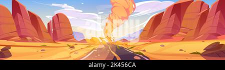 Tornado auf Wüstenstraße Cartoon Natur Landschaft. Windsturm mit Lufttrichter auf der Autobahn mit gesprungenem Asphalt entlang Sanddünen und Felsen Aussicht wetteifern Stock Vektor