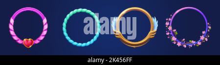 Ausgefallene runde Avatar-Rahmen, isoliert auf dem Hintergrund. Vektor-Illustration von goldenen und glänzenden Ringen mit herzförmigem Edelstein, Flügeln, Flow verziert Stock Vektor