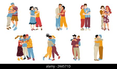 Glückliche Menschen umarmen sich. Konzept der Freundschaft, Liebe, positive Emotionen, Freundschaftsbeziehungen. Vektor flache Illustration von verschiedenen Charakteren embra Stock Vektor