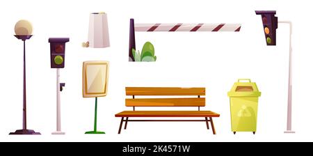Stadtstraßenelemente, Ampel, Holzbank, Mülleimer, automatische Autobarriere und Lampe isoliert auf weißem Hintergrund. Vektorgrafik Zeichentrickserie Stock Vektor