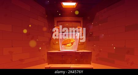 Ägypten Tempel oder Schatzkammer mit goldenem Ring Asset. Pyramid Grabzimmer mit Ziegelmauer, Statuen, Hieroglyphen und Luke an der Decke. Das Alte Ägypten Stock Vektor