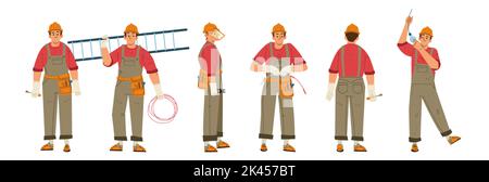 Elektriker, Reparaturdiensttechniker, Techniker mit Werkzeugen, Leiter und Drähten, die Wartungsarbeiten auf weißem Hintergrund ausführen. Strom Stock Vektor