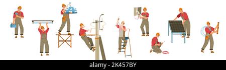 Elektriker mit Werkzeugen, Leiter und Drähten, die Wartungsarbeiten durchführen, isoliert auf weißem Hintergrund. Reparatur-Service-Techniker, Ingenieur von electrici Stock Vektor