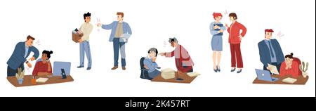 Wütender Chef schimpft und rügt inkompetente Mitarbeiter im Büro. Unzufriedener, wütender ceo, der am Arbeitsplatz Geschäftsleute anruft. Belastung bei Stock Vektor