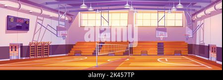 Leere Basketballplatz Cartoon Illustration. Vector Innenarchitektur der Sporthalle zu spielen Team-Spiele mit Ringen und elektronischen Score-Board an der Wand, V Stock Vektor