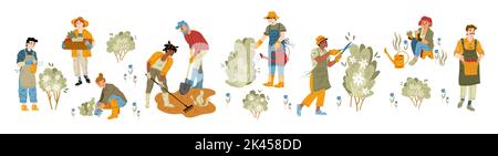 Die Menschen arbeiten im Garten, auf dem Bauernhof oder auf dem Hof. Bauern im Garten, Wasser Blumen, Pflanzen Bäume und Ernte. Diverse Männer und Frauen mit Schaufel, Schere, Wasserei Stock Vektor