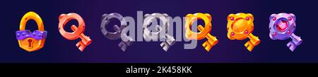 Spielschlüssel, Schloss, Beutekasten, Evolution der Spielerwerte. Kupfer-, Eisen-, Silber-, Gold- und Platinschlüssel, ui-Symbole. Cartoon Grafik Design Elemente für rp Stock Vektor