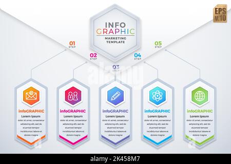 Infografik Business Design Sechseck-Symbole bunte Marketing-Vorlage Vektor. 5 Optionen oder Schritte isoliert. Sie können für Marketing-Prozess verwendet werden, workflo Stock Vektor