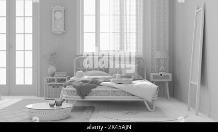 Total White Projekt Entwurf, Boho chic Bauernhaus Schlafzimmer mit Doppelbett und Rattan-Möbel. Juteppich und Dekore. Landtapete, Künstlerischer Interim Stockfoto