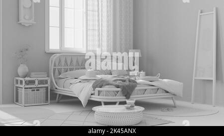 Total White Projekt Entwurf, Holz Bauernhaus Schlafzimmer in Boho chic Stil. Rattanbett und Möbel. Vintage-Innenausstattung Stockfoto