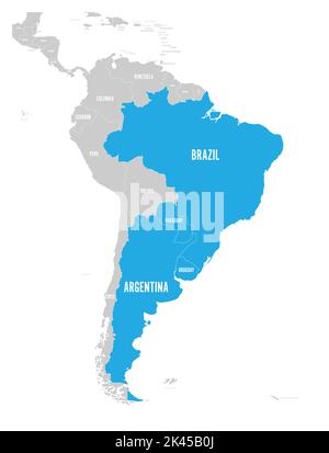 Karte der Regionen DES MERCOSUR. südamerikanischer Handelsverband. Blau markierte Mitgliedsstaaten Brasilien, Paraguay, Uruguay und Argetina. Seit Dezember Stock Vektor