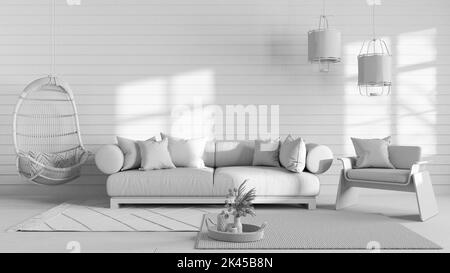 Total White Projekt Entwurf, japandi Wohnzimmer mit Kopierraum. Sofa und Hängesessel. Wabi Sabi Interior Design Stockfoto