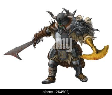 Fantasy Kreatur - Ork Krieger Angriff. Fantasy-Illustration. Goblin mit Axt Zeichnung. Stockfoto