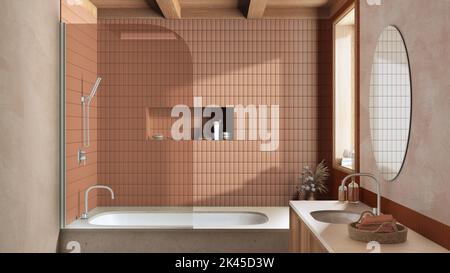 Japandiisches, minimalistisches Bad in Weiß- und Orange-Tönen, Marmorbadewanne und Holzwaschbecken. Innenarchitektur des Bauernhauses Stockfoto