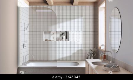 Japandiisches, minimalistisches Bad in Weiß- und Bleichtönen, Marmorbadewanne und Holzwaschbecken. Innenarchitektur des Bauernhauses Stockfoto