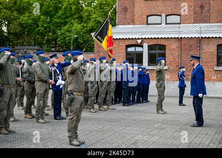 Die Abbildung zeigt eine Trainingsübung während eines königlichen Besuchs bei der DSU, Direktion der Sondereinheiten, der Bundespolizei, in Etterbeek, Brüssel, am Donnerstag, 29. September 2022 in Brüssel. BELGA FOTO ERIC LALMAND Stockfoto