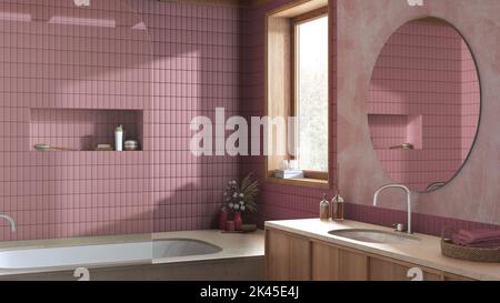 Bauernhaus Boho Badezimmer in Rot-und Beigetönen. Marmorbadewanne und Holzwaschbecken. Japandiisches Interior Design Stockfoto