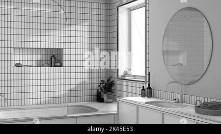 Blaupause unvollendeter Projektentwurf, Bauernhaus boho Badezimmer. Marmorbadewanne und Holzwaschbecken. Japandiisches Interior Design Stockfoto