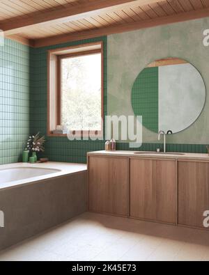 Badezimmer aus Holz in Grün- und Beigetönen. Marmorbadewanne und -Waschbecken. Japandi Bauernhaus Innenarchitektur Stockfoto